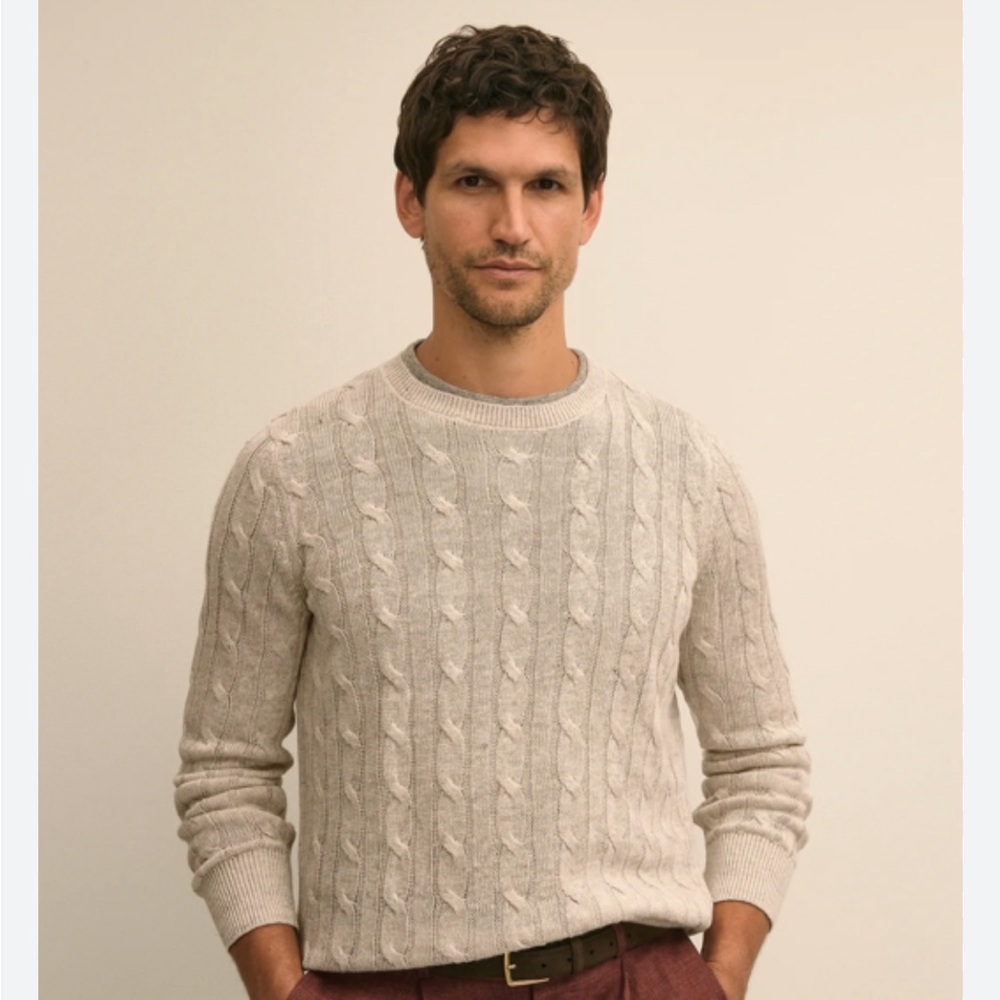 Brooks Brothers Men's 100% Linen Cable-Knit Crewneck Sweater in light yellow
